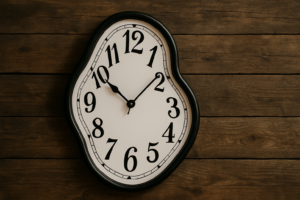 壁に大きく歪んだ時計が写りメンズファッションがタイパ最強のイメージがわく画像