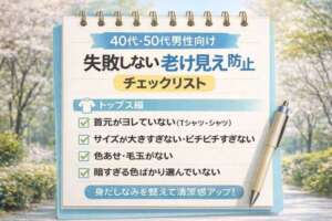 40代・50代男性向けの老け見えを防ぐ失敗しないチェックリストをイメージした画像。清潔感アップのポイントをまとめたデザイン