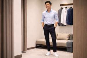 30代男性向けのメンズファッションレンタルコーデ。シャツと黒パンツ、白スニーカーを合わせた試着室での清潔感あるスタイル