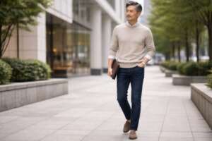 40代男性向けのメンズファッションレンタルコーデ。ニット×シャツ×濃紺デニムで清潔感のある大人カジュアルスタイル