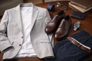 上質なテーブルの上に並べられたジャケットやパンツ、革靴など大人男性向けの清潔感あるファッションアイテムの写真