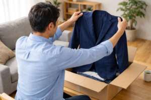 メンズ服のサブスクで届いた紺ジャケットを開封する日本人男性の様子
