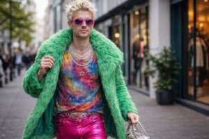 派手なグリーンのファーコートとピンクのパンツで街を歩く白人男性。メンズ服サブスクには不向きな奇抜コーデの例